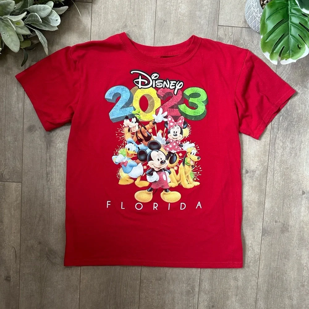 Disney 2023 Kids Red Graphic T-Shirt Florida Casual Graphic Mickey Minnie Donald